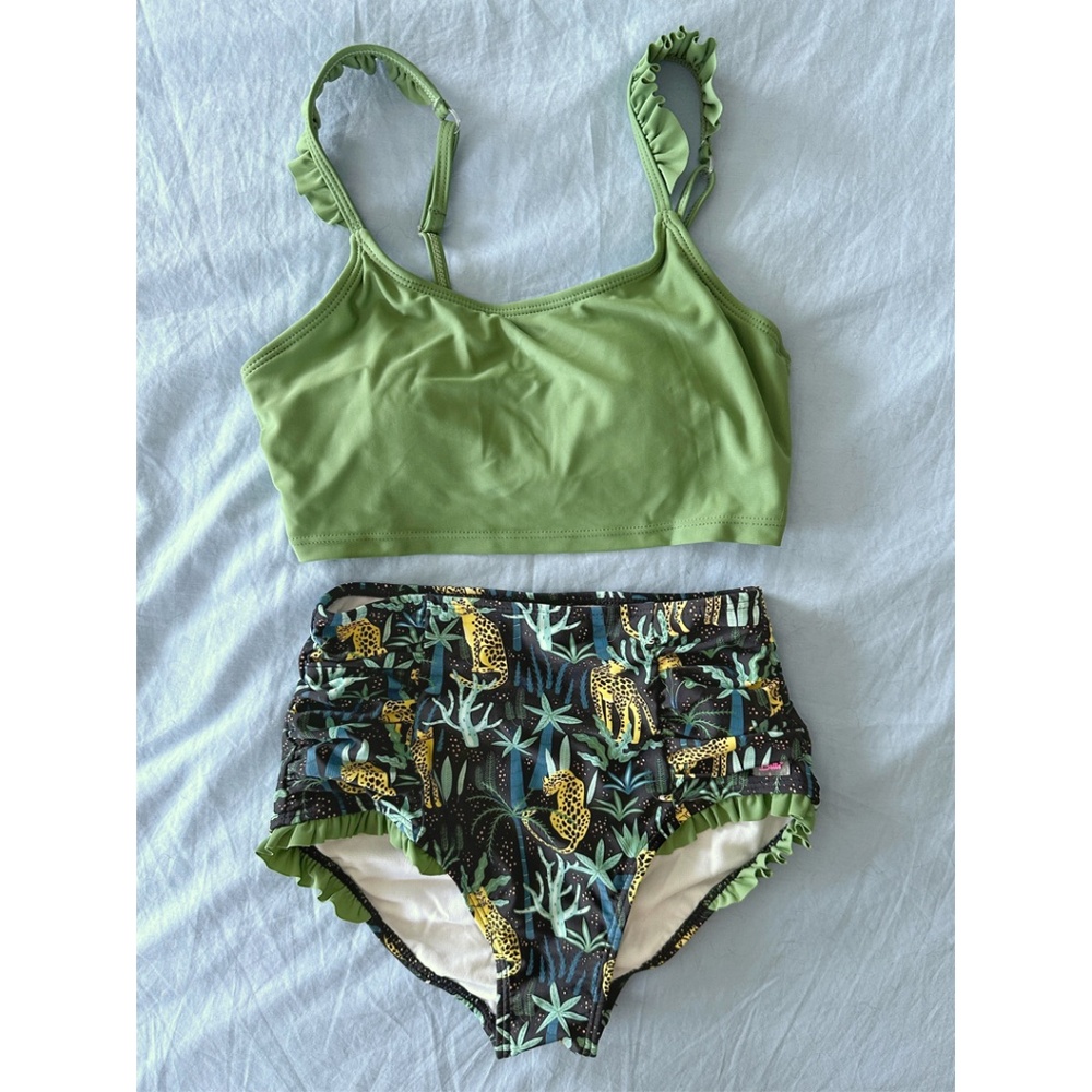 Ruffle Butts Girls Two-Piece Retro Ruffled Green Jungle Print Bikini, Size 12